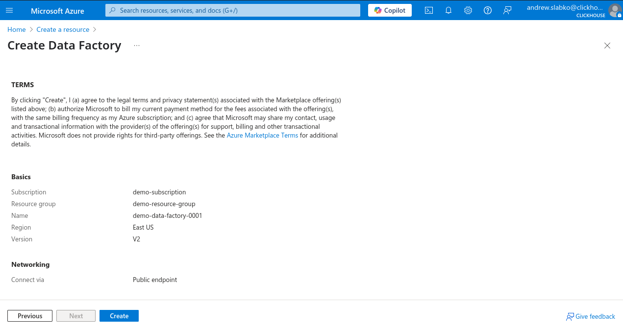 Azure Portal New Data Factory Confirm