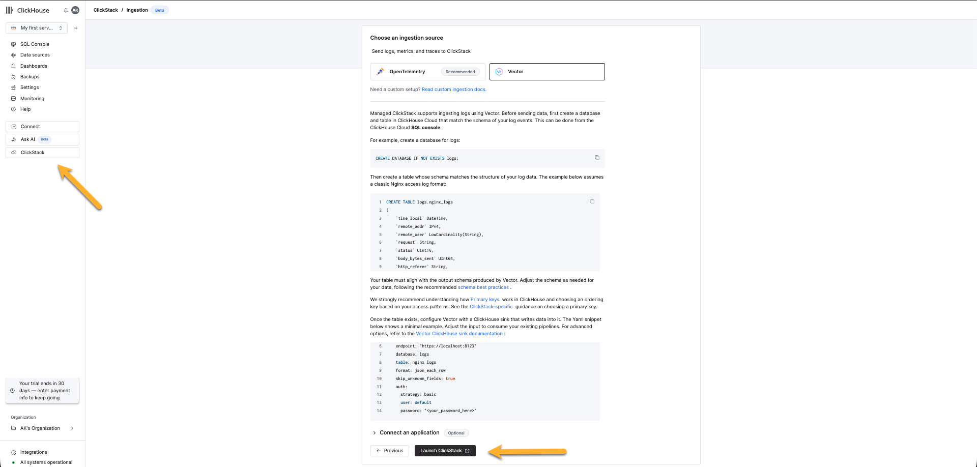 Запуск ClickStack для Vector