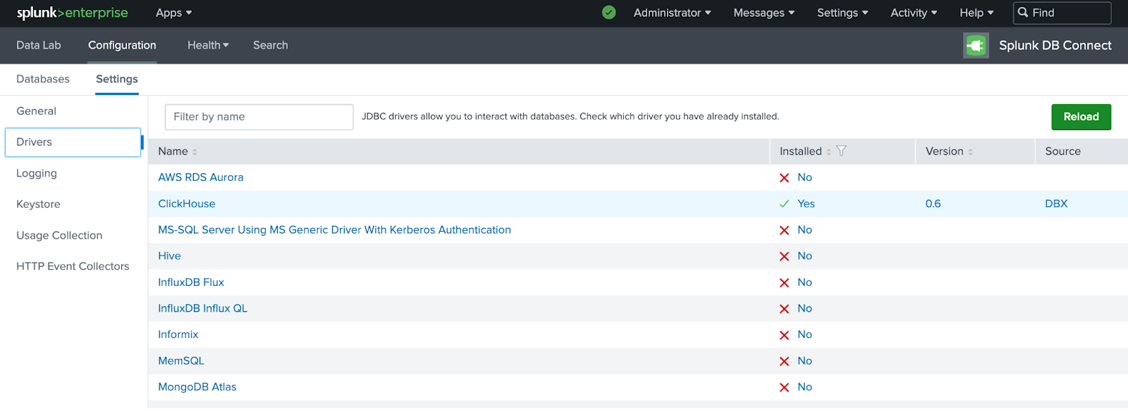 Страница драйверов Splunk DB Connect, на которой показано, что драйвер ClickHouse успешно установлен